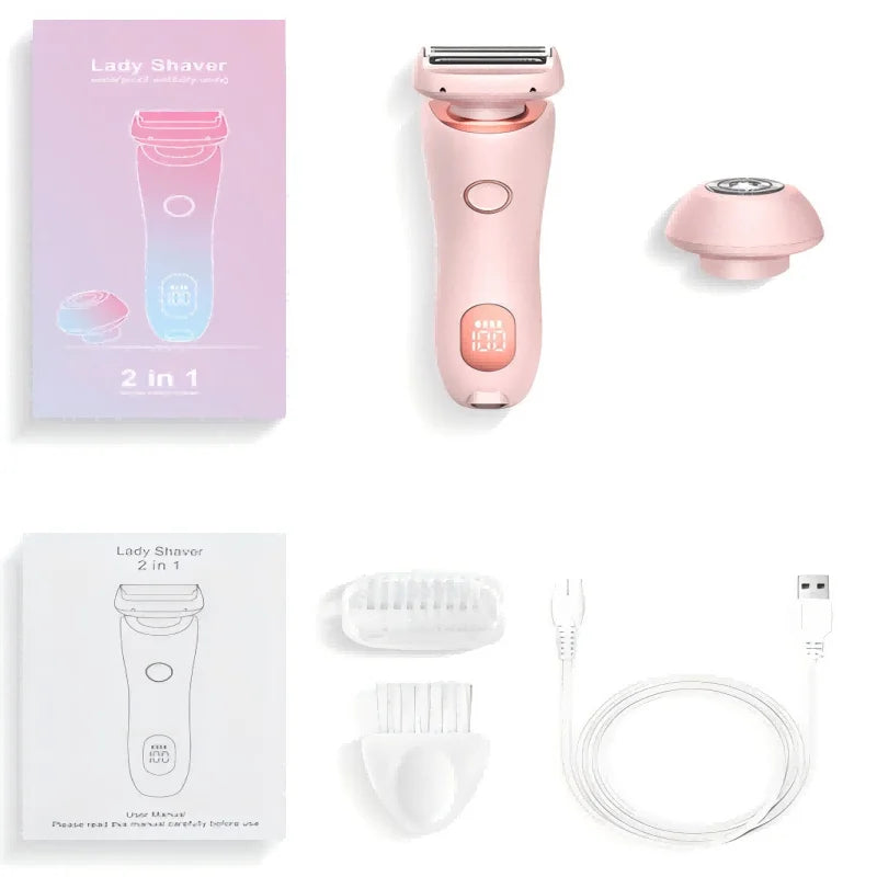 2 in 1 Waterproof Electric Shaver for Women Painless Hair Removal Pink-0