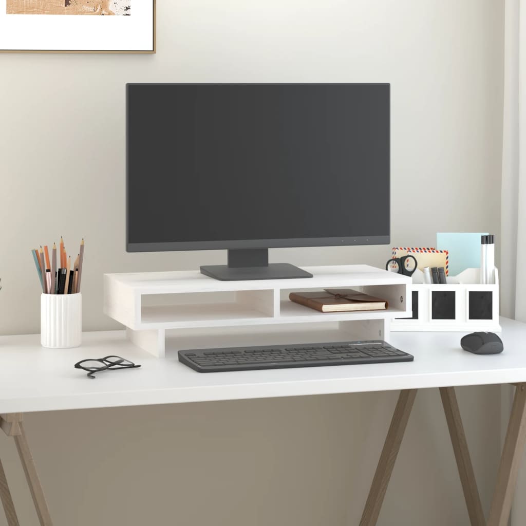 NNEVL Monitor Stand White 60x27x14 cm Solid Wood Pine-2