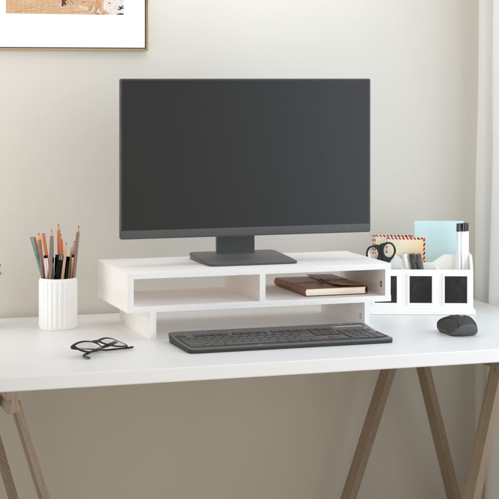 NNEVL Monitor Stand White 60x27x14 cm Solid Wood Pine-0